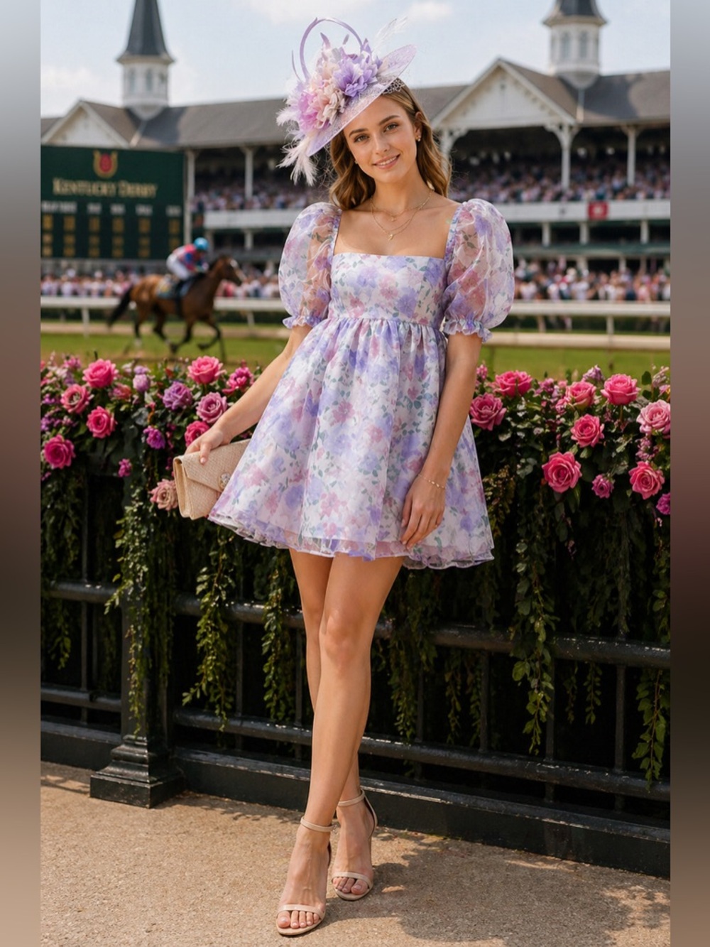 Francesca's Audrey Parks Purple Floral Garden Puff Sleeve Dress Kentucky Derby